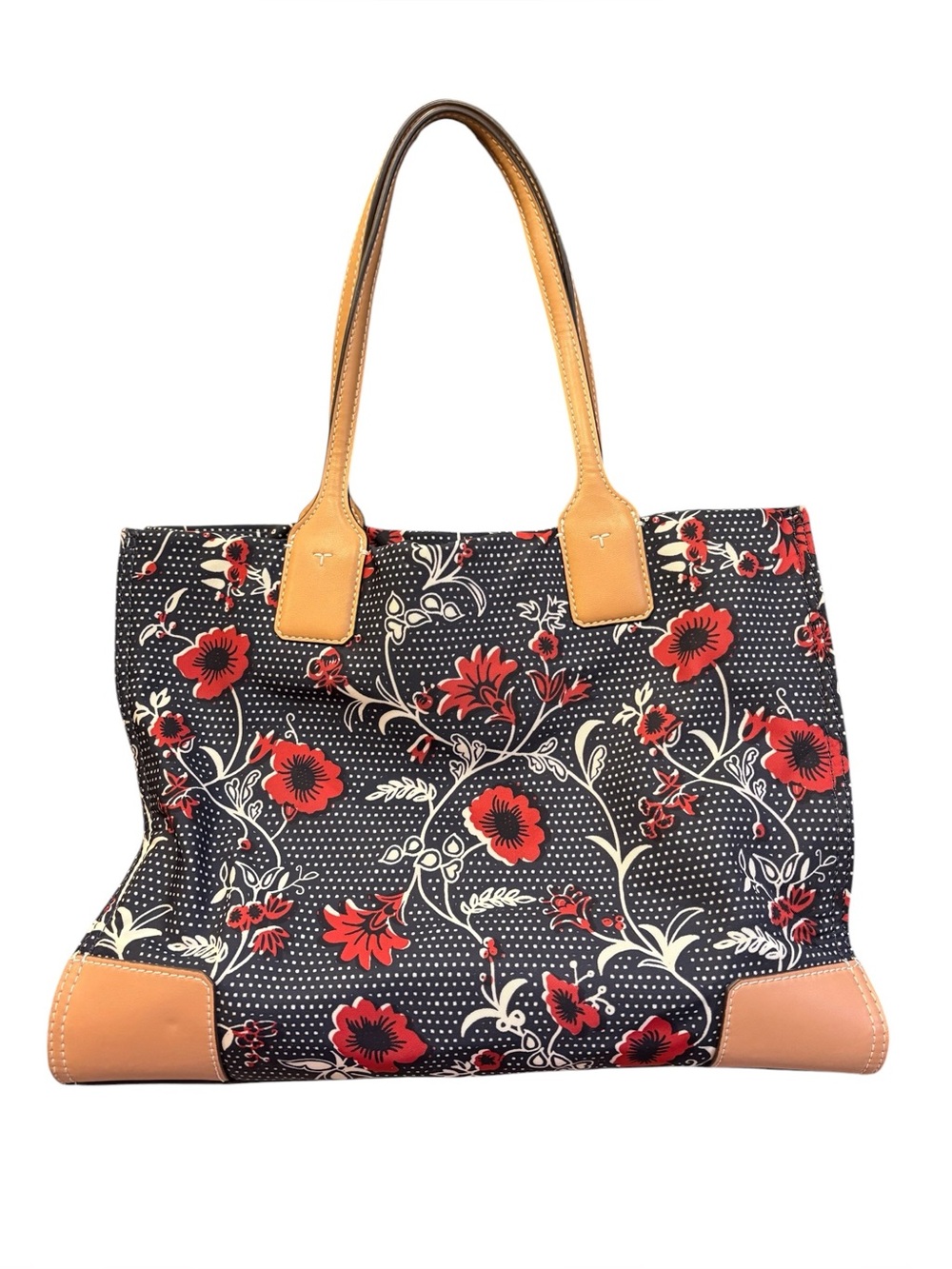 TORY BURCH Ella Tote Bag Purse Nylon Navy and Red Floral - Picture 6 of 13